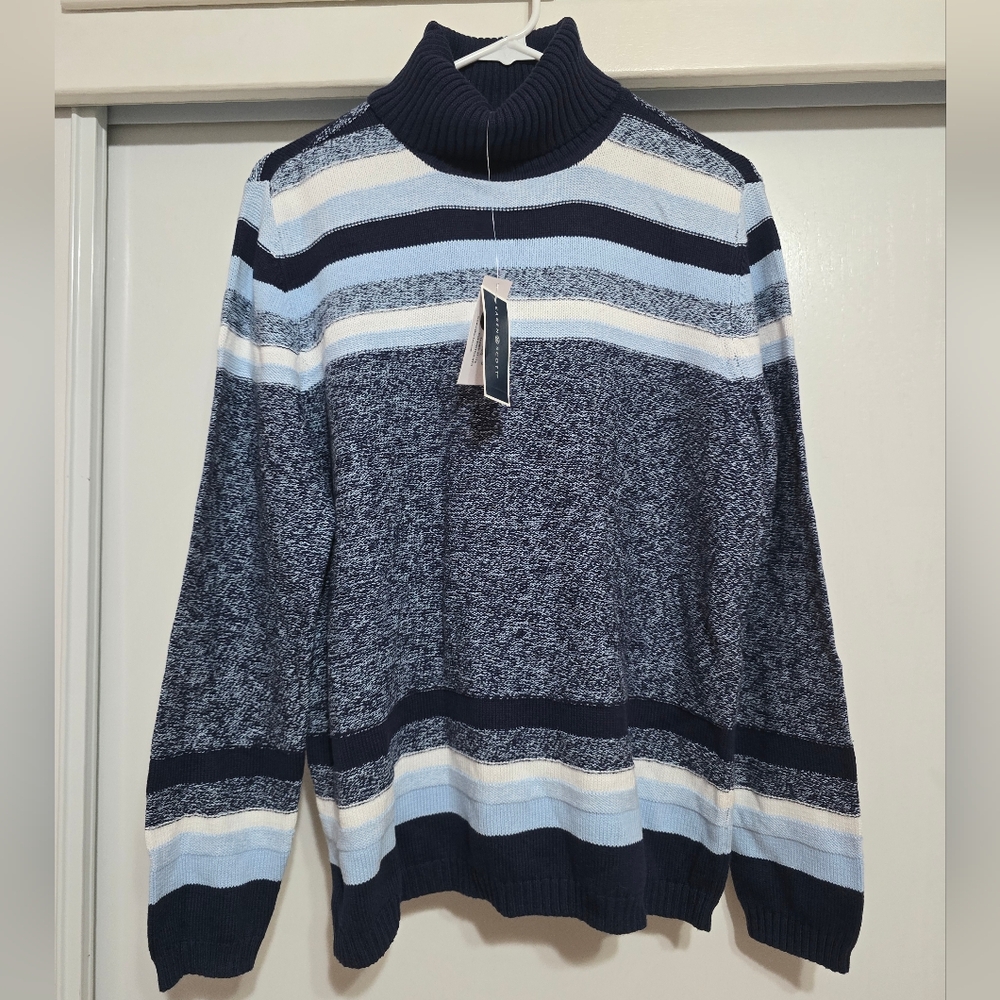 NWT Karen Scott Navy and Light Blue Striped Sweater Turtleneck